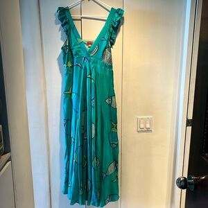 Silk Blue/Green Fish Print Maxi Dress.